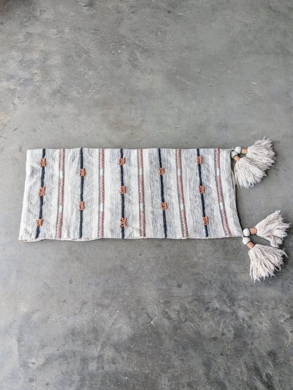 Nicole Miller Home Ivory Blue Pink Striped Boho Tassel Long Table Runner